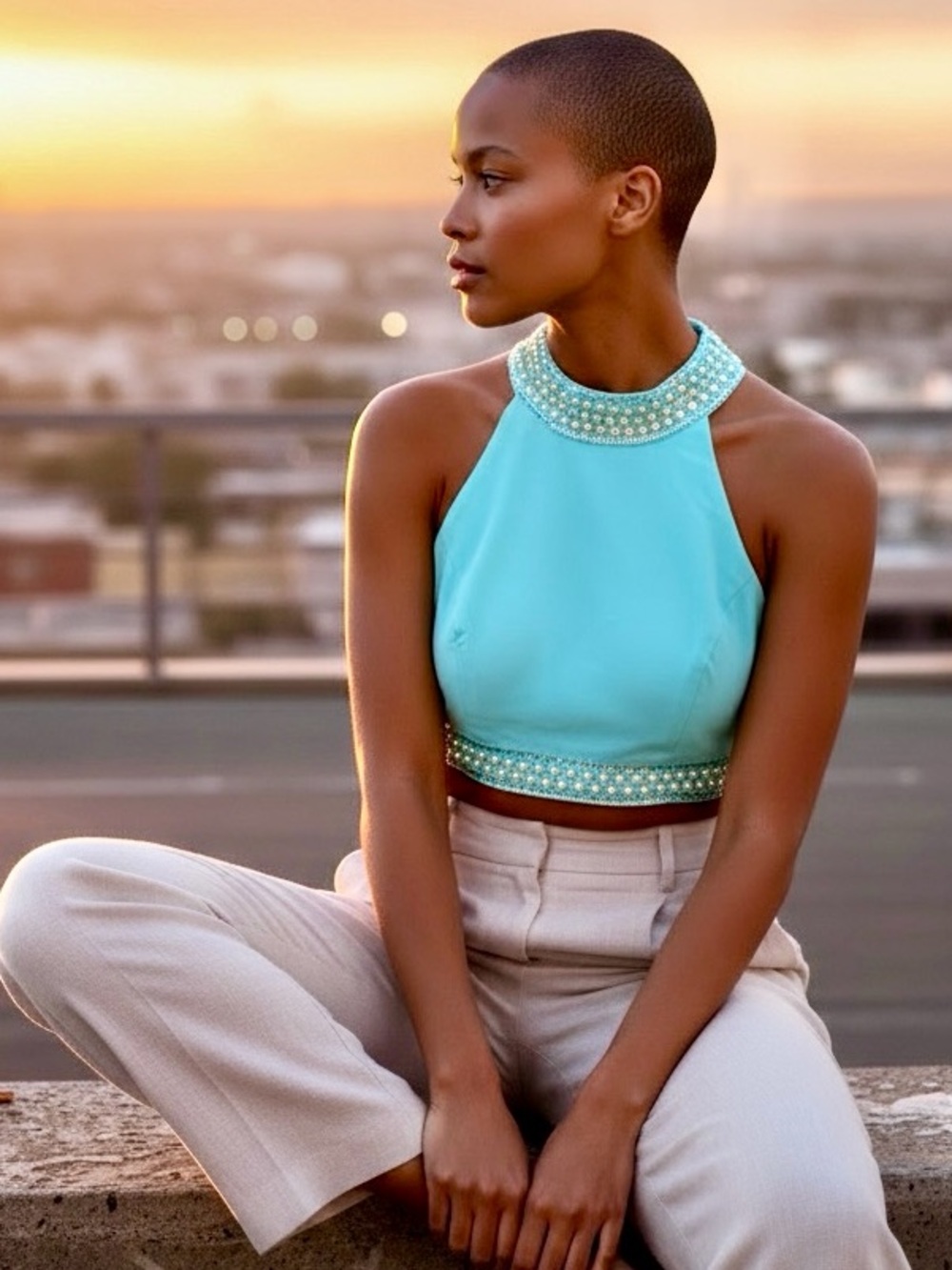 NWT Joanna Chen NY Beaded Rhinestone Aqua Crop Top